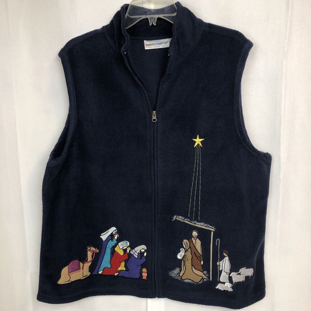 Rebecca Malone Christmas Nativity Vest XL Fleece Embroidered Grandmacore VTG
